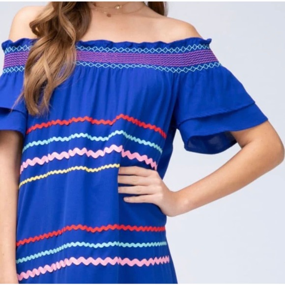 Entro Navy Multicolored Striped Off Shoulder Tunic Dress Size Medium - Picture 8 of 8